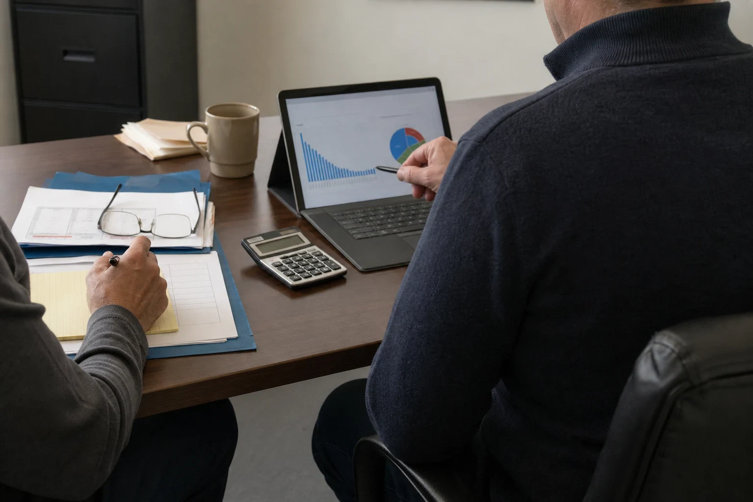 Over-the-shoulder view of two people at an office table reviewing a declining bar chart and pie chart on a tablet, with papers, glasses, a calculator and a mug