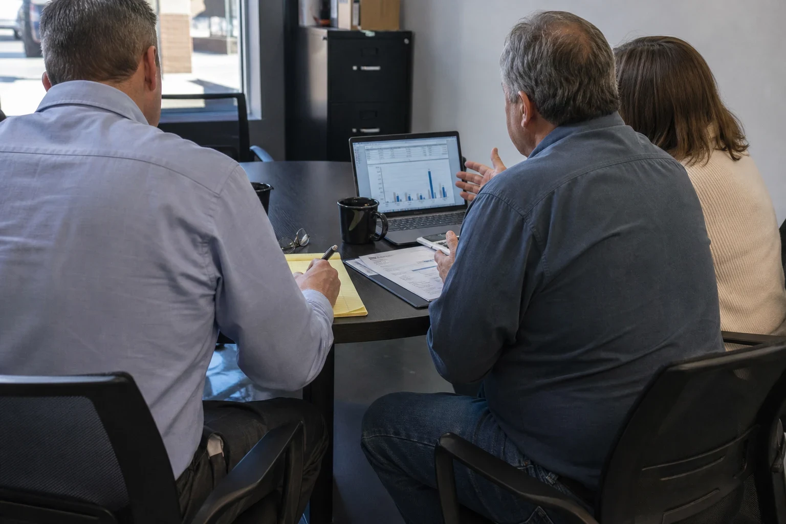 Agent in a light blue button-down takes notes on a yellow legal pad while a couple reviews a chart on a laptop at a small dark conference table in an office.