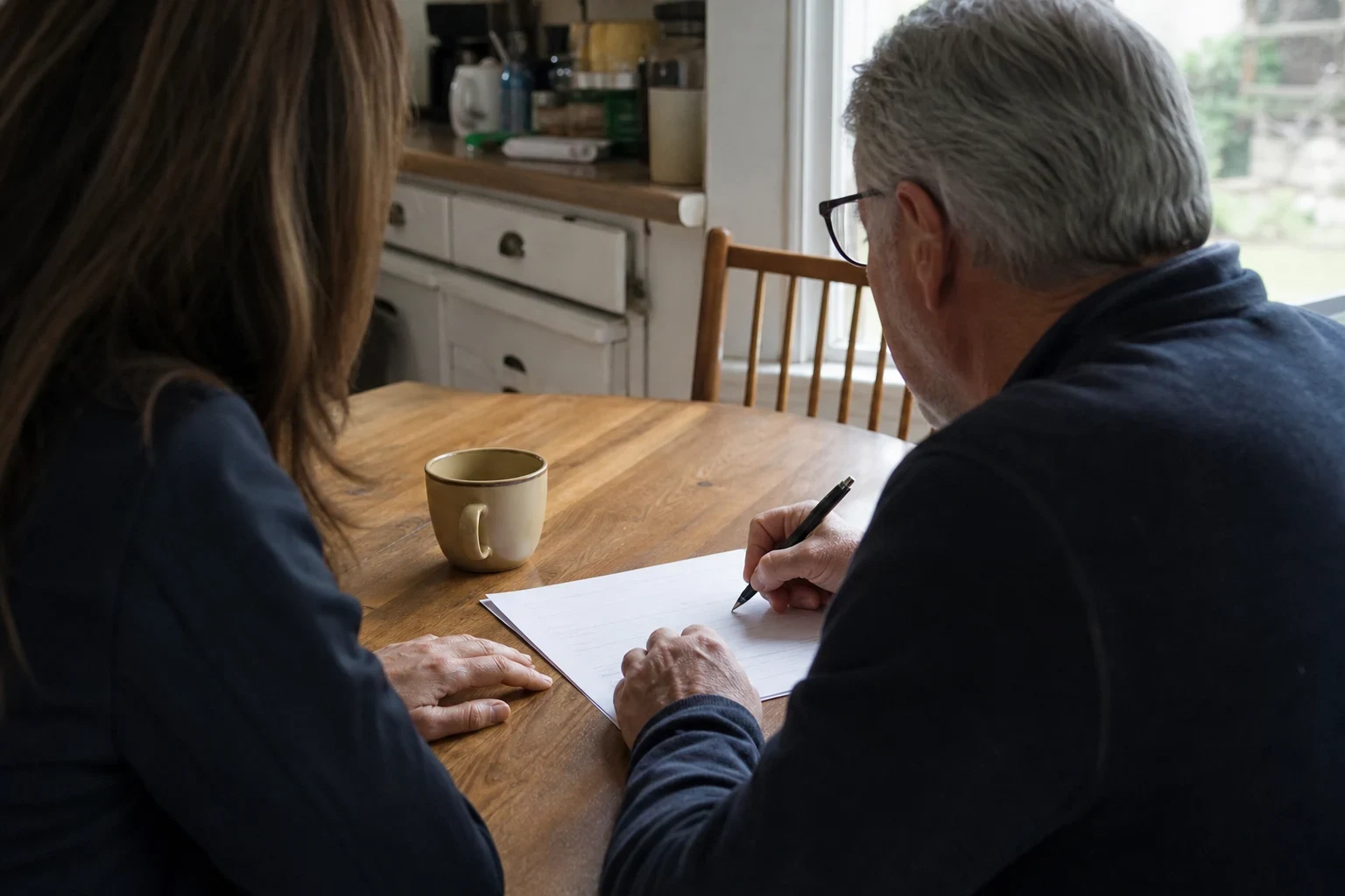 Gray-haired man in glasses signs a paper form at a wooden kitchen table beside a woman, with a coffee mug on the table and a window and white cabinets behind