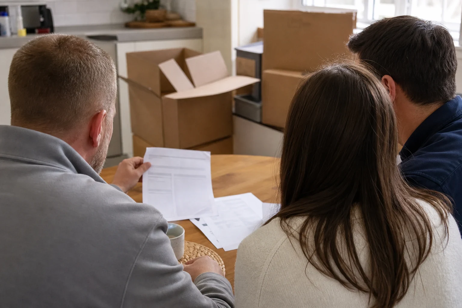 Three people seen from behind at a round wooden kitchen table reviewing printed papers, with stacked moving boxes and a white kitchen counter in the background