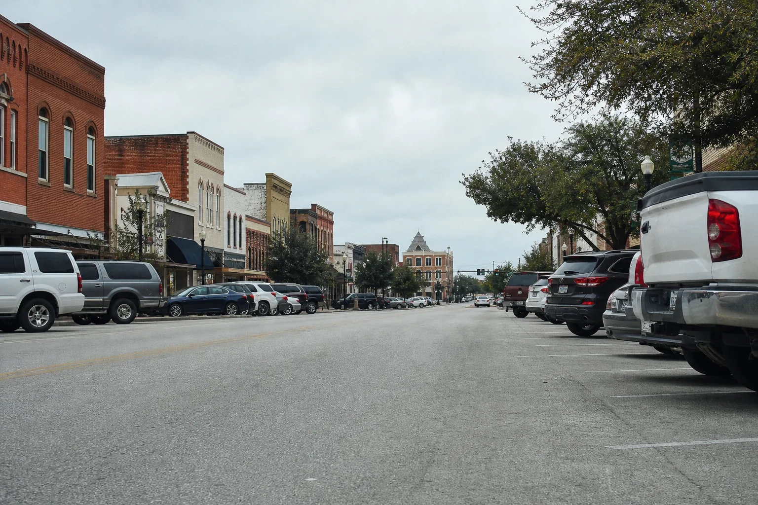 Low view down a historic downtown main street with brick storefronts, trees and street lamps, pickups and SUVs parked along both sides under an overcast sky